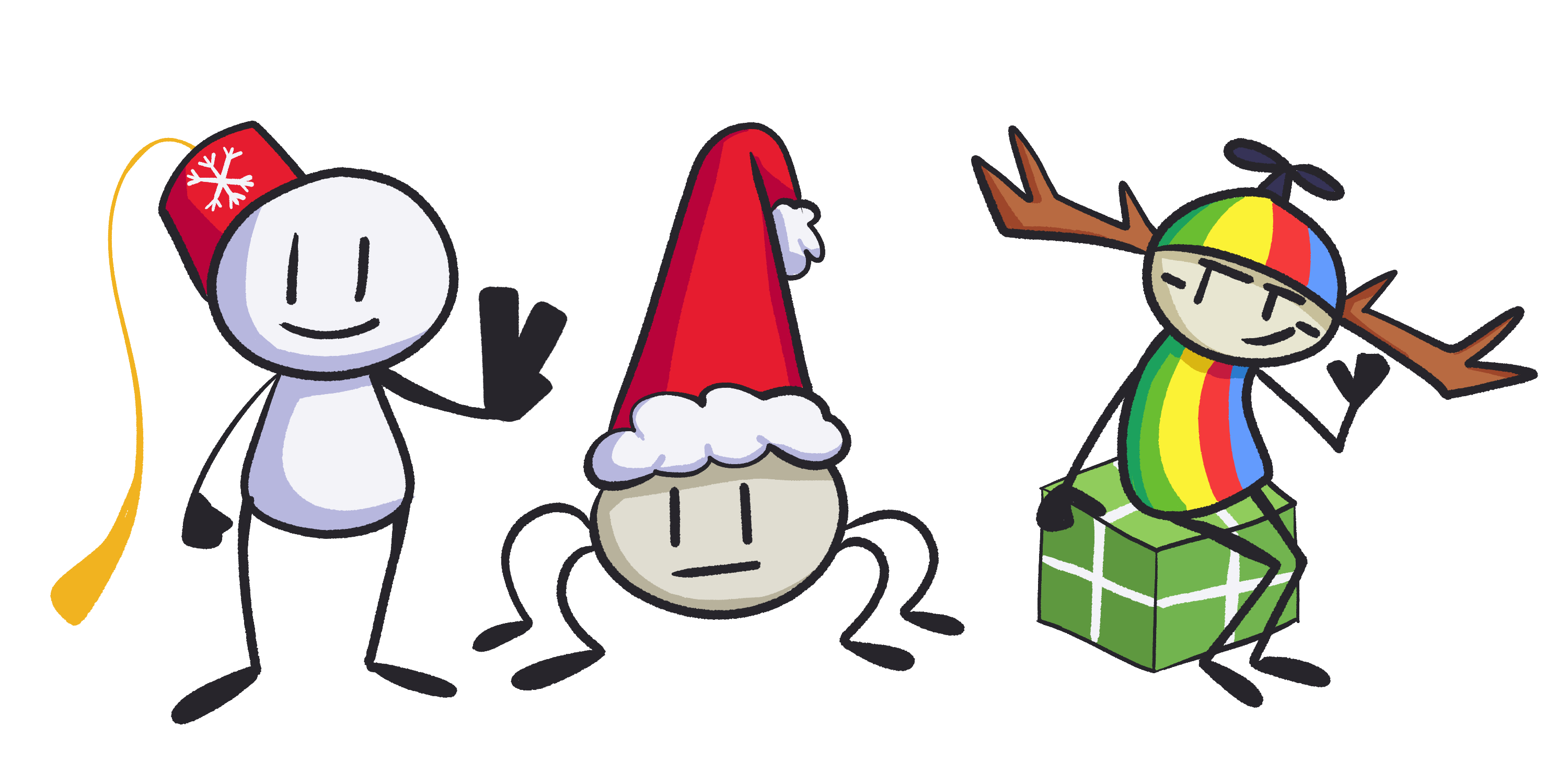Fezhead, Conhead and Kid in their Milk & Cookies designs